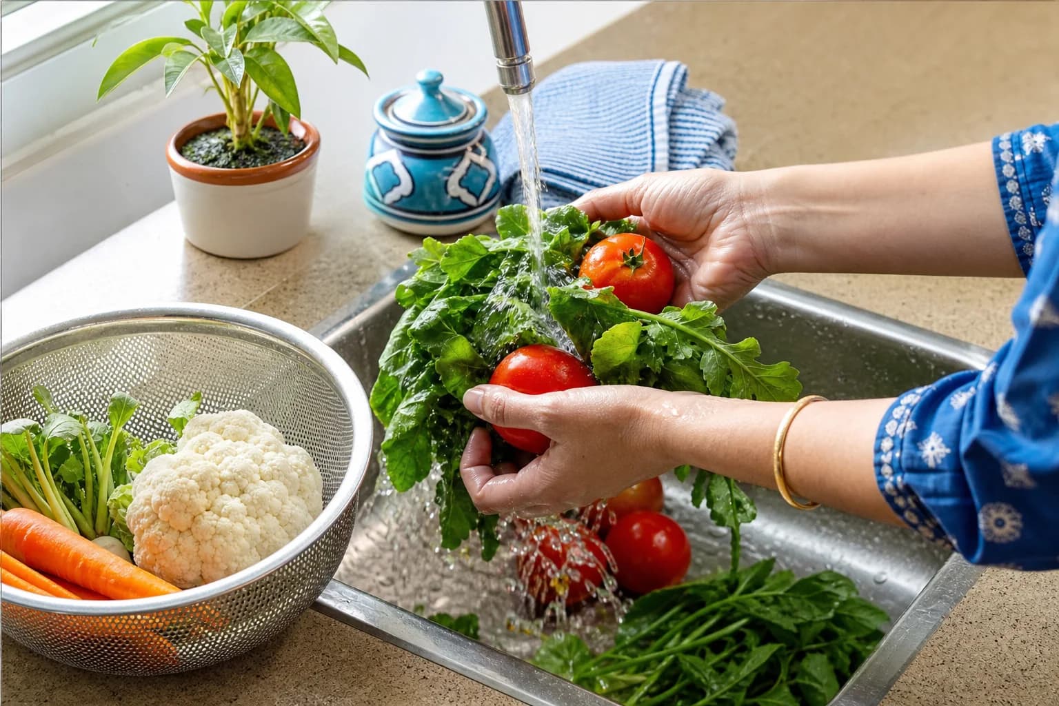 Fresh produce being washed beside a labelled sample container and food-source notebook