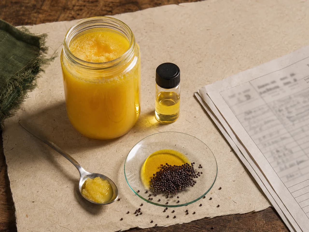 A jar of ghee beside a sealed sample vial and a laboratory worksheet