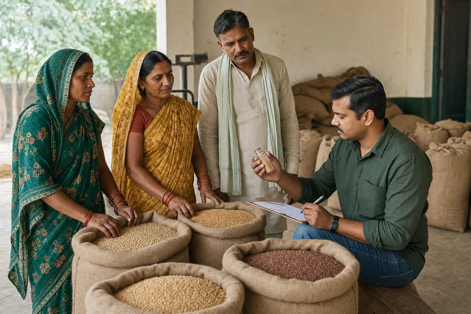 Farmers and a technician inspect a grain sample at an FPO collection centre