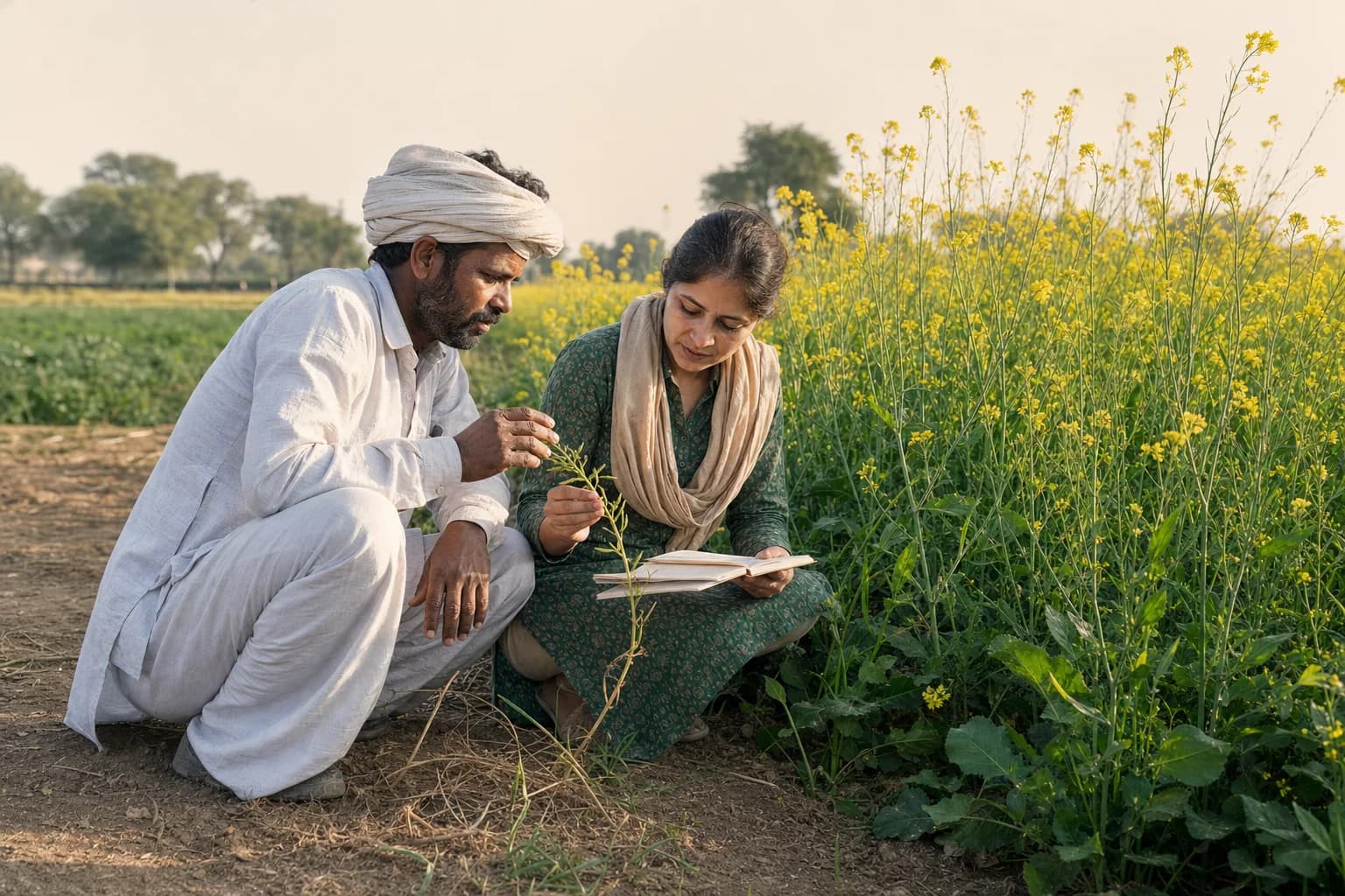 A Rajasthan mustard farmer and field researcher inspect the crop and their field notes