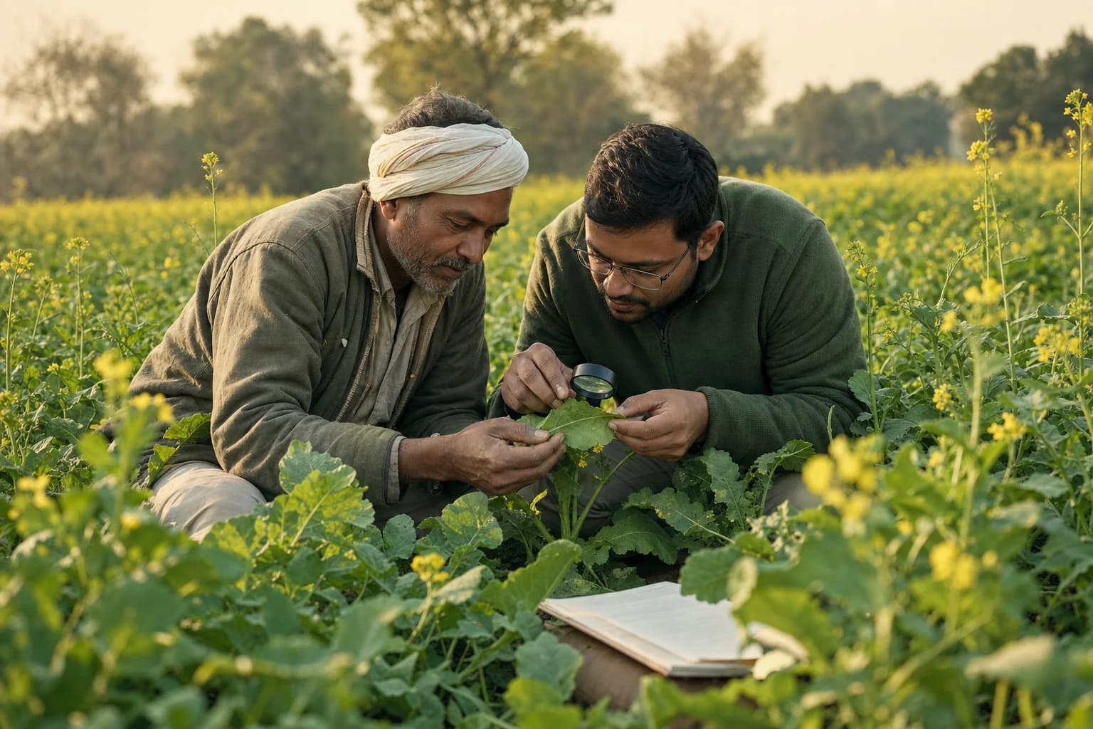 A farmer and field adviser inspect mustard leaves with a hand lens before deciding on pest management