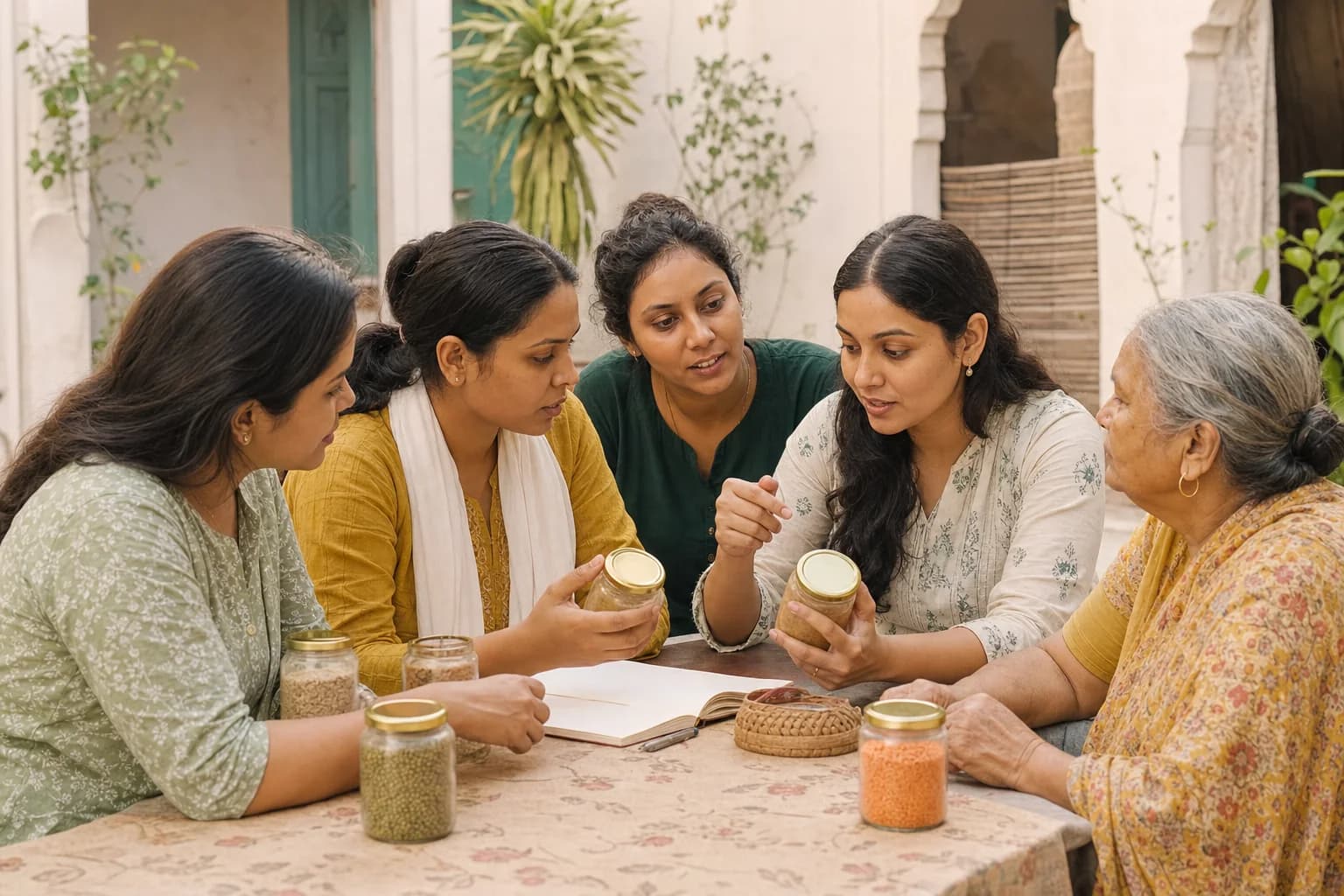 Women community food educators and a household shopper compare pantry foods around a courtyard table