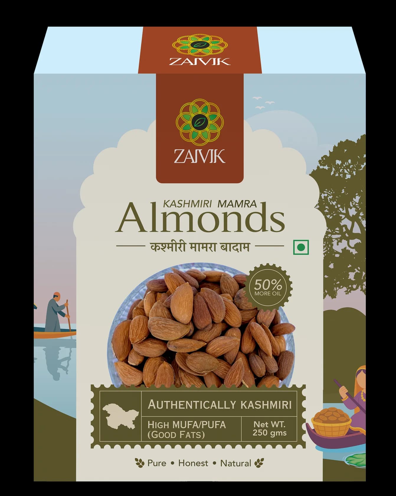 Kashmiri Mamra Almonds 250 g front packaging mockup
