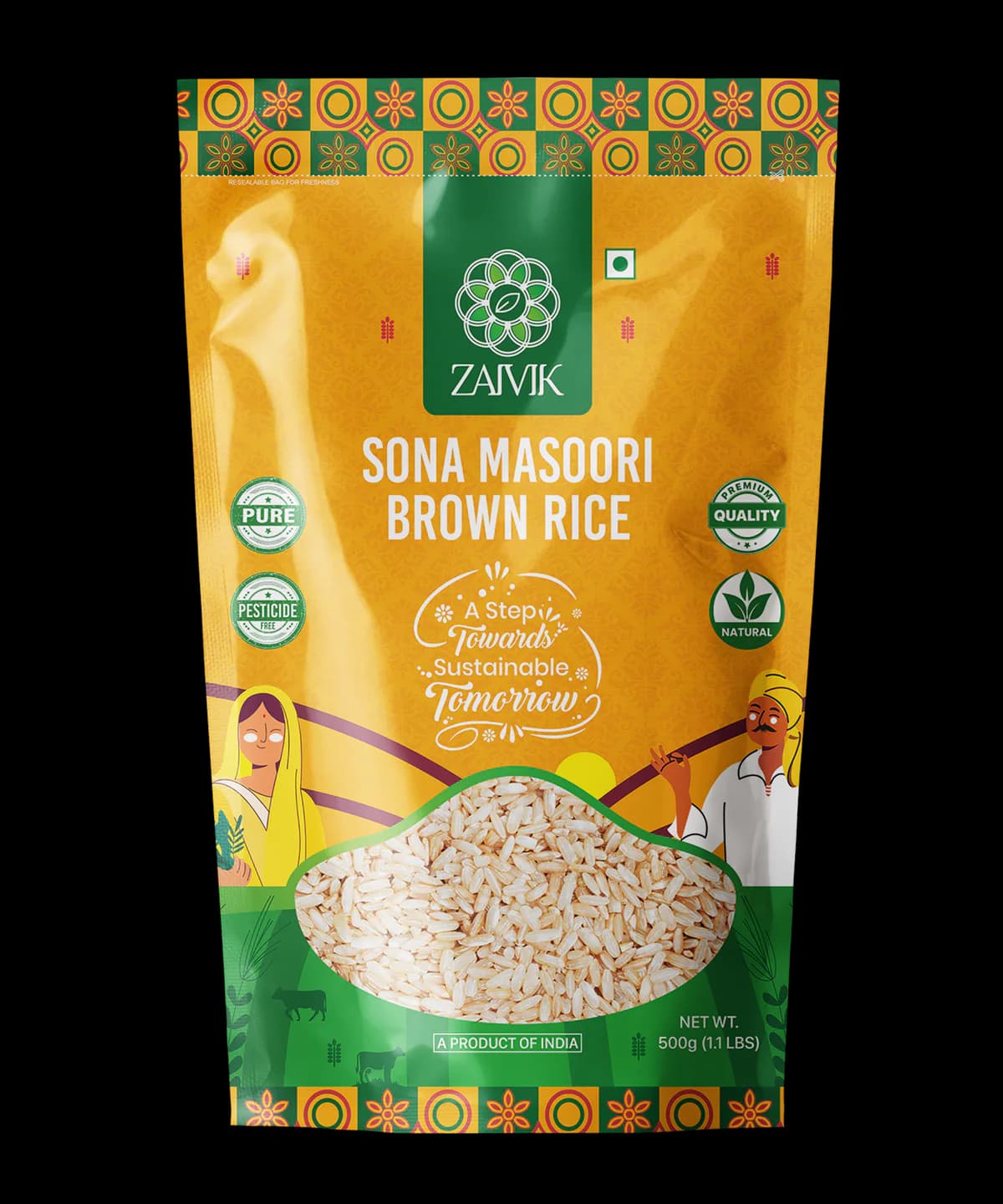 Rice Sona Masoori Brown 500 g front packaging mockup