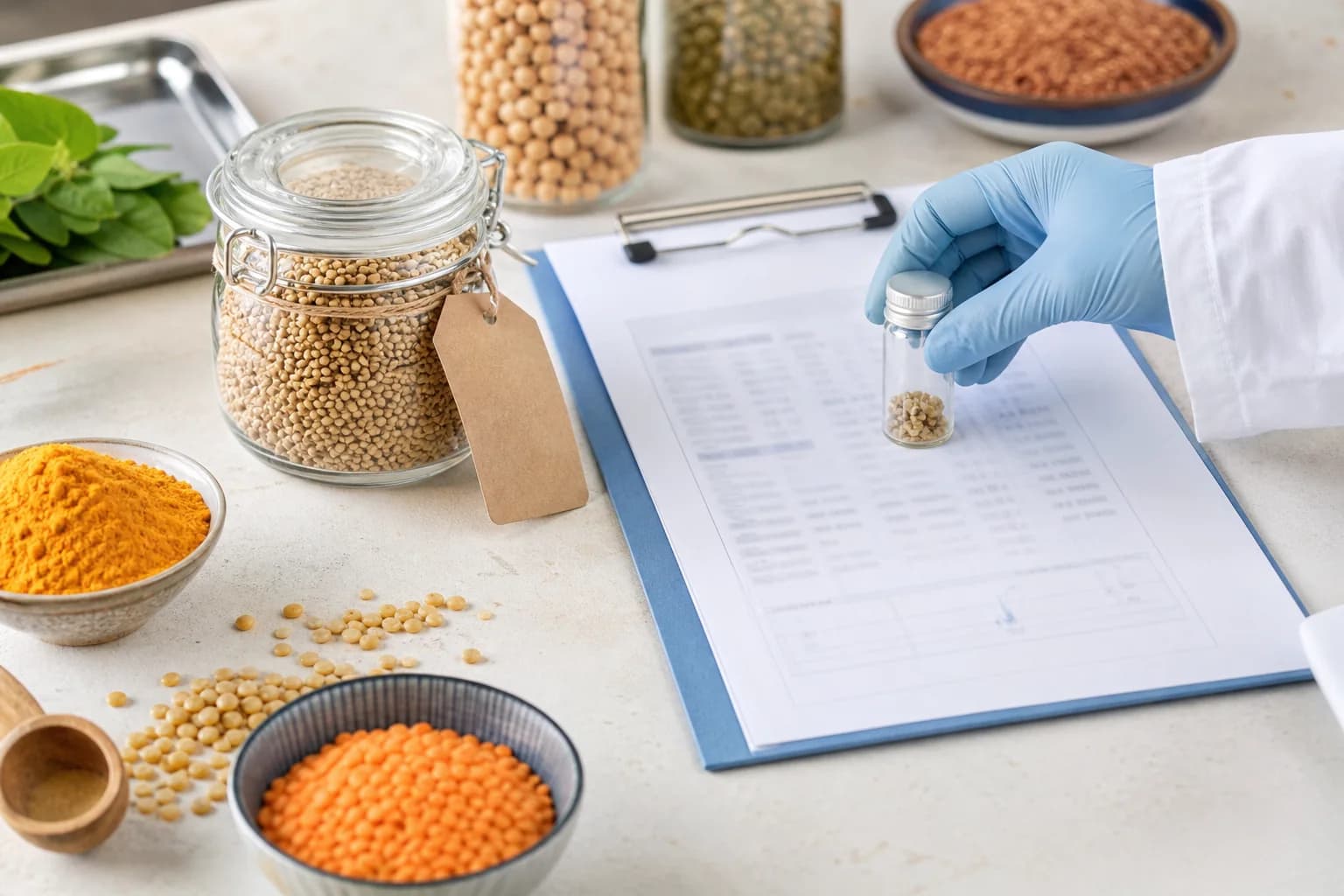 A friendly food laboratory report beside jars of grains and spices on a sunlit table
