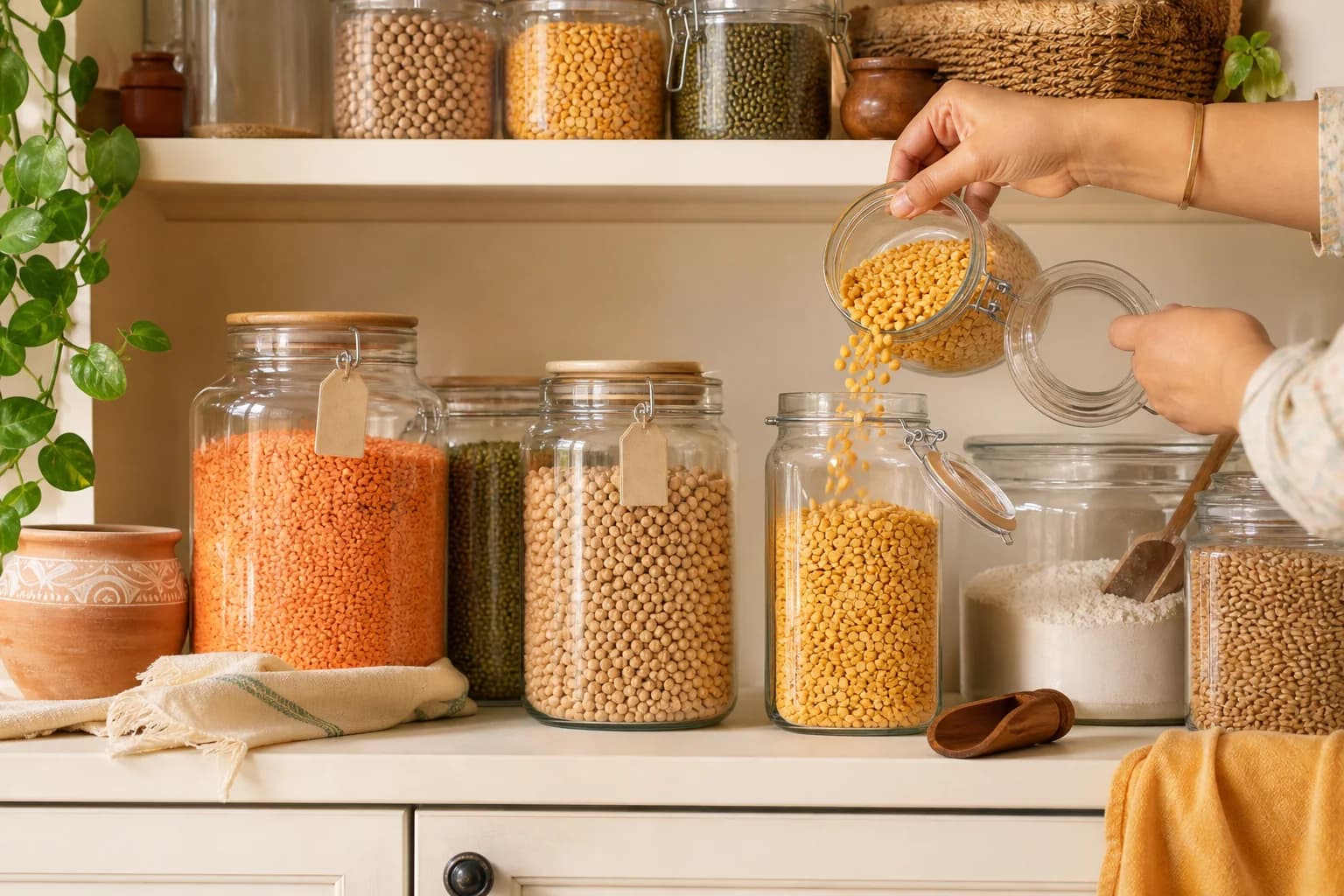 Freshly milled atta, wheat berries and rotis beside an airtight container in a warm kitchen