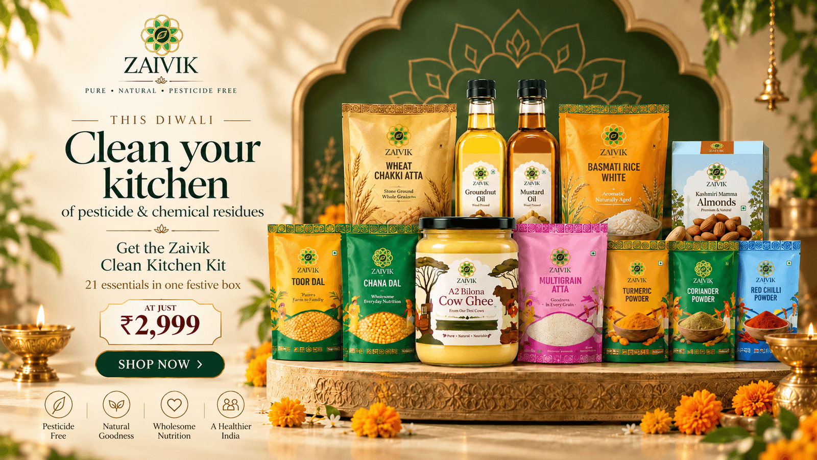 Zaivik Clean Kitchen Kit with pantry staples, oils, ghee, spices and dry fruits for Diwali