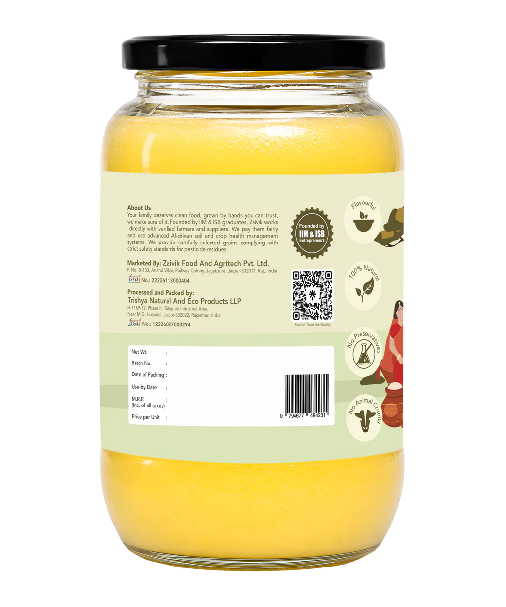 Zaivik A2 Cow Bilona Ghee 1 L back packaging