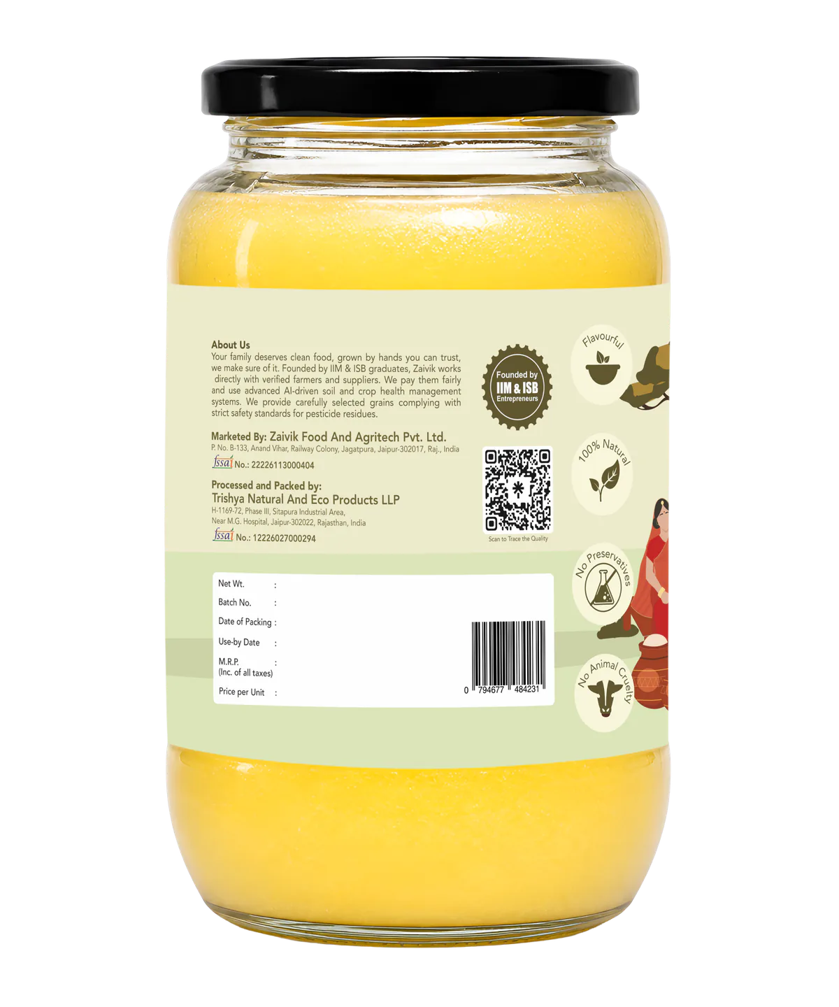 Zaivik A2 Cow Bilona Ghee 1 L back packaging