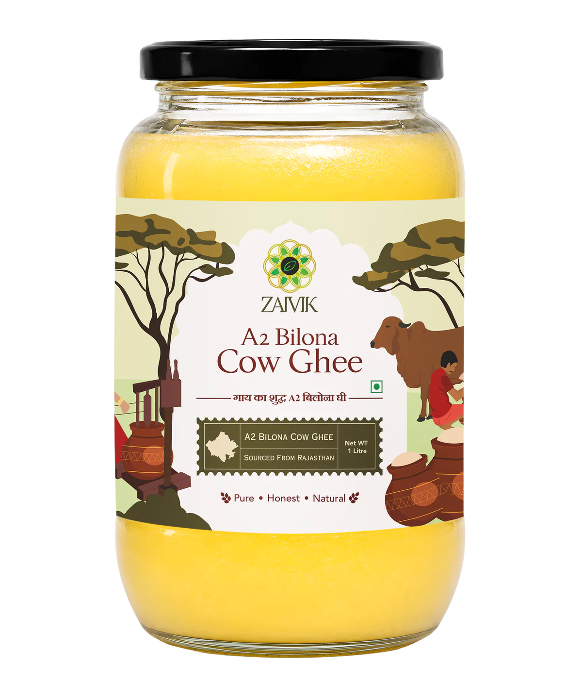 Zaivik A2 Cow Bilona Ghee 1 L front packaging
