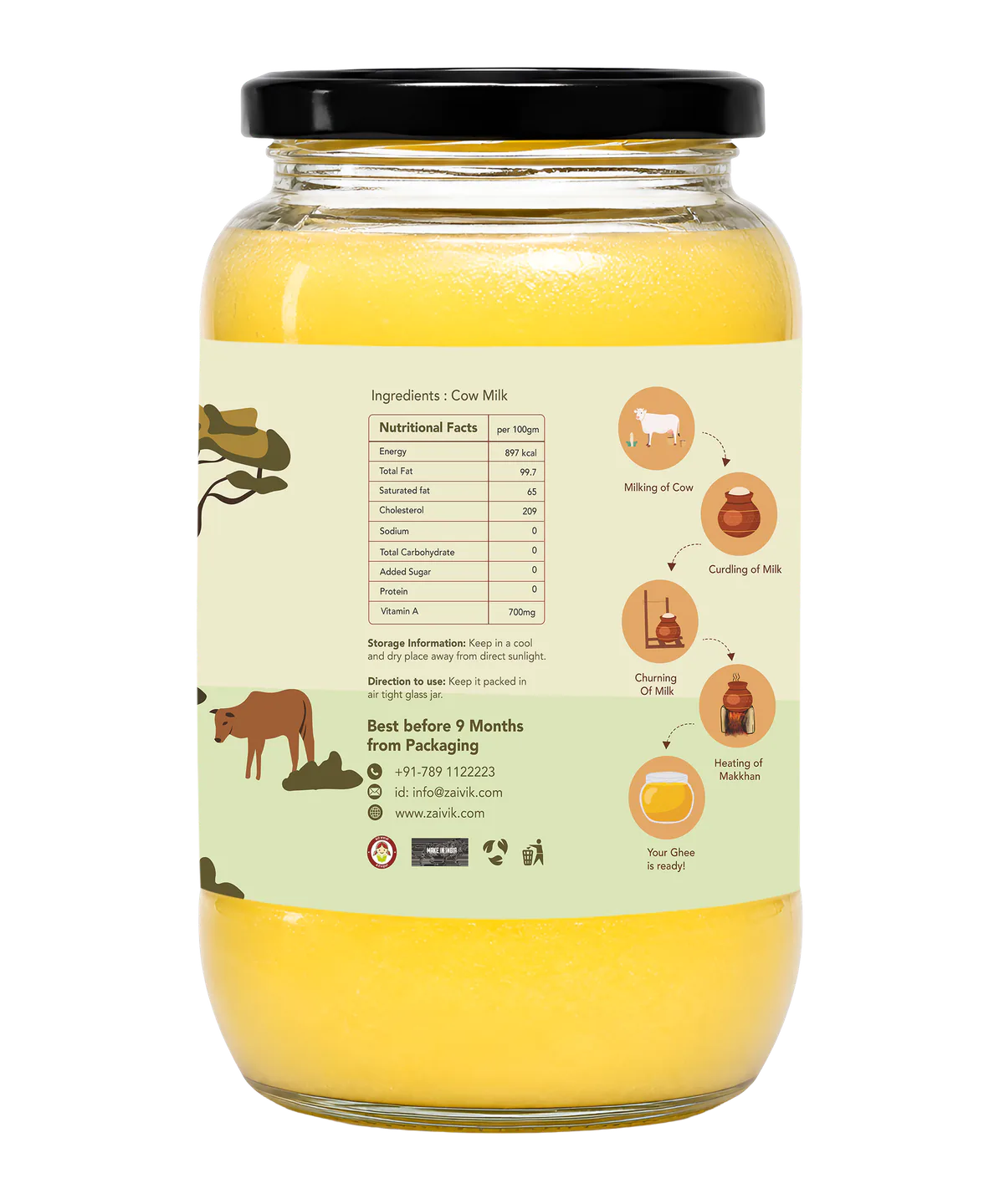 Zaivik A2 Cow Bilona Ghee 1 L side packaging