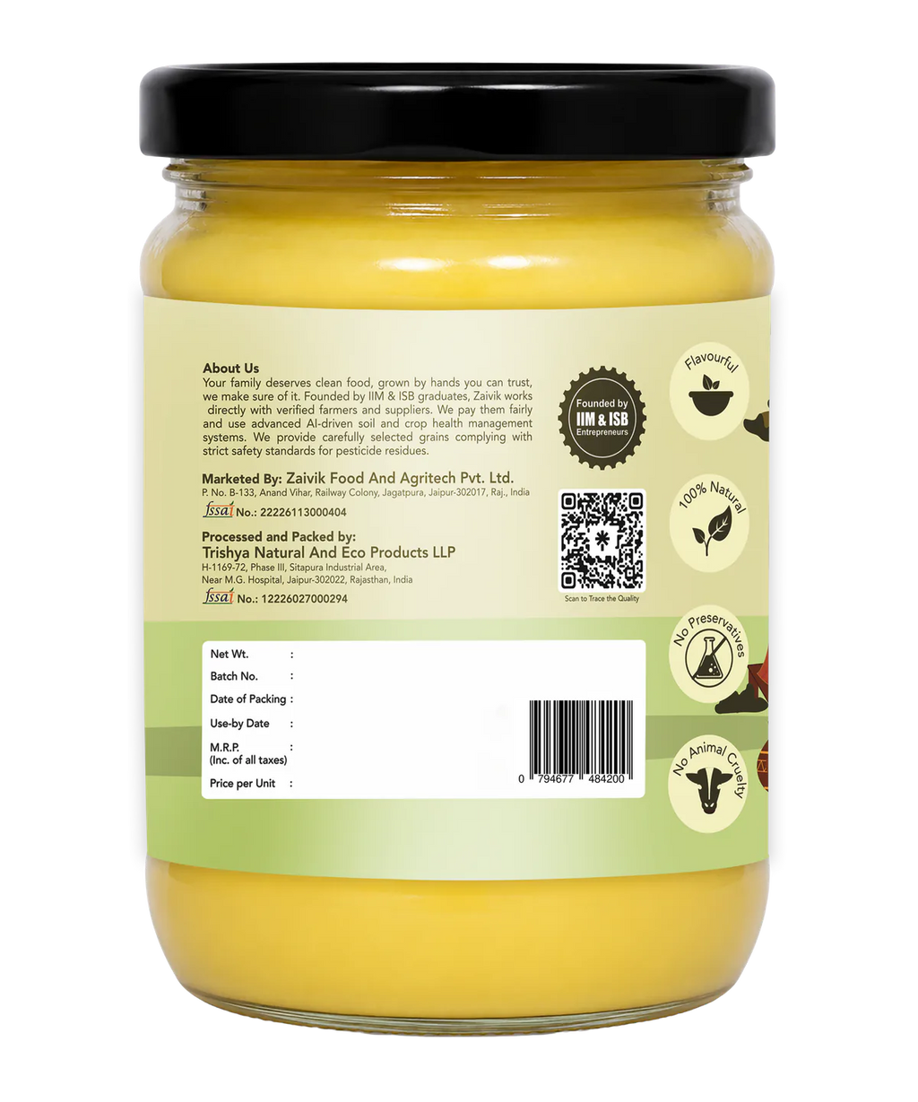 Zaivik A2 Cow Bilona Ghee 500 ml back packaging