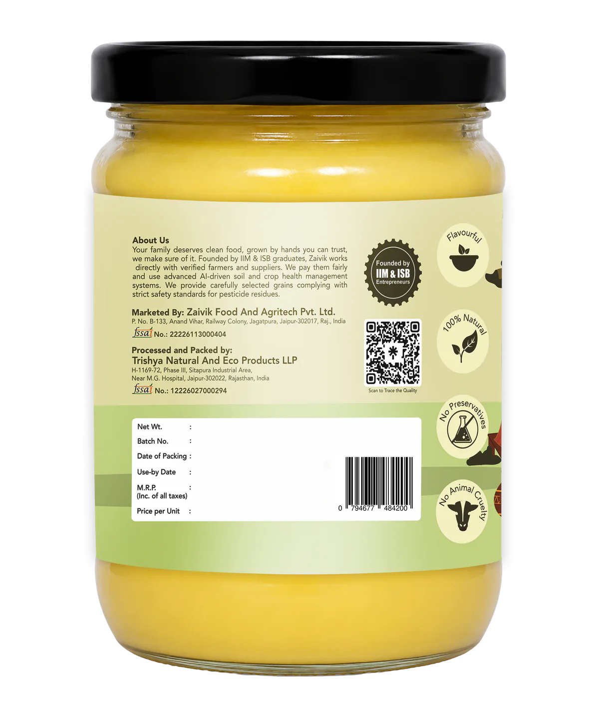 Zaivik A2 Cow Bilona Ghee 500 ml back packaging