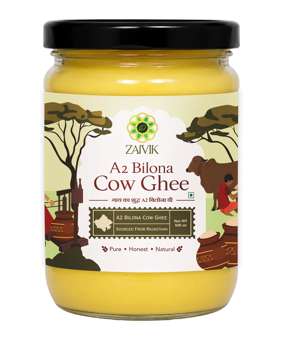 Zaivik A2 Cow Bilona Ghee 500 ml front packaging