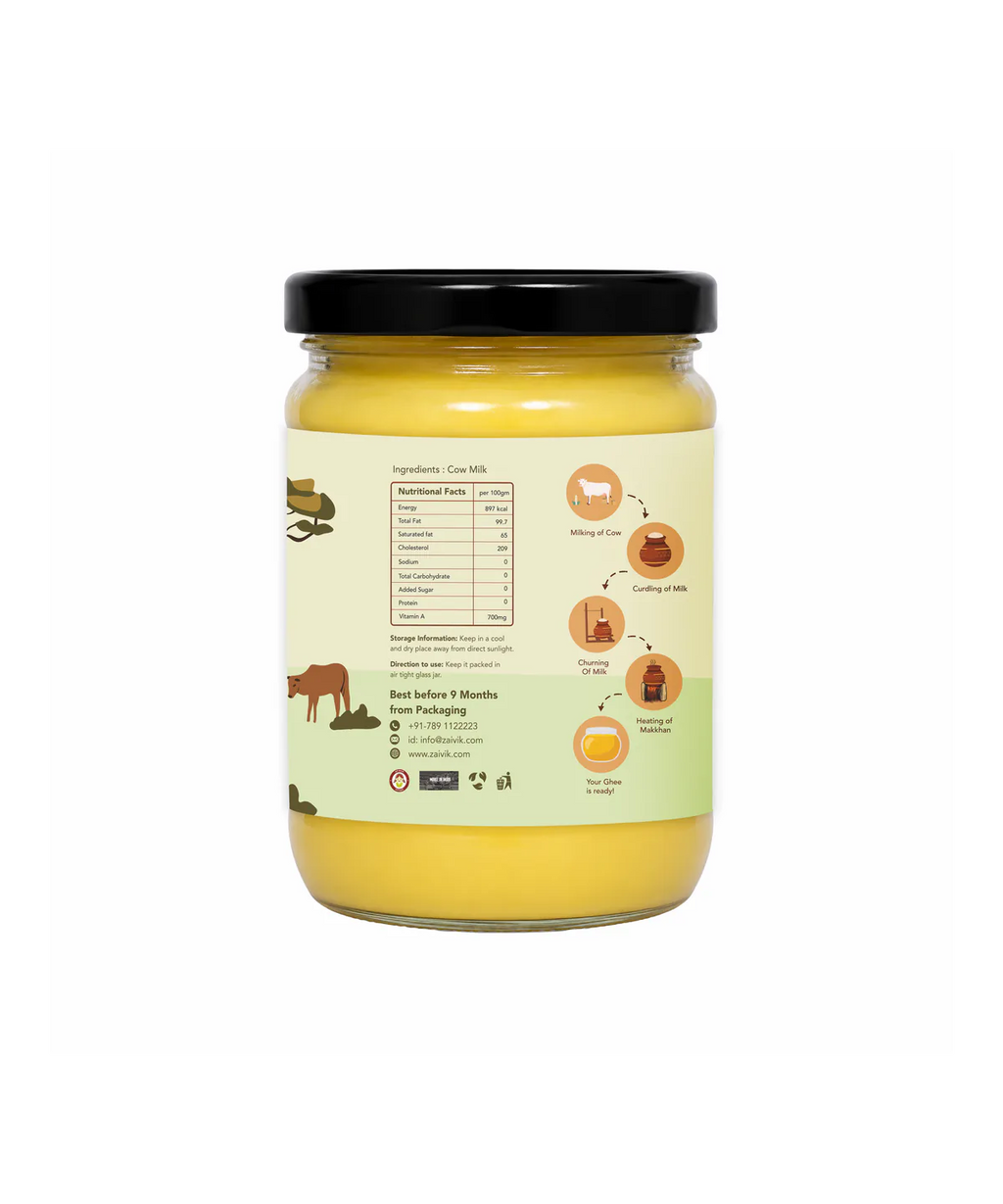 Zaivik A2 Cow Bilona Ghee 500 ml side packaging