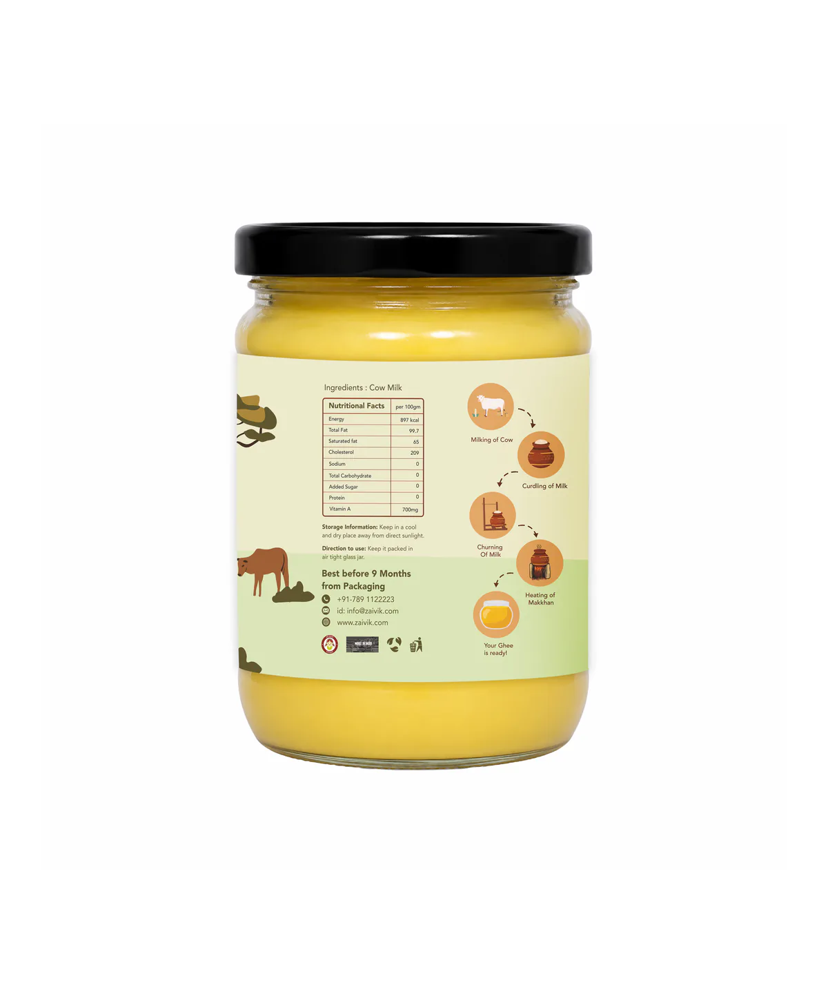 Zaivik A2 Cow Bilona Ghee 500 ml side packaging