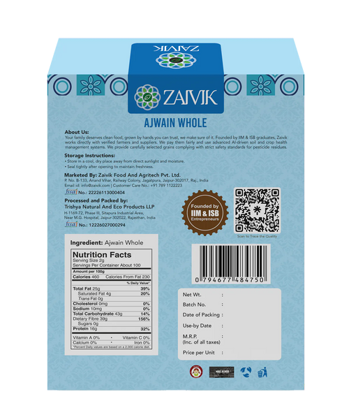 Zaivik Ajwain 200 g back packaging