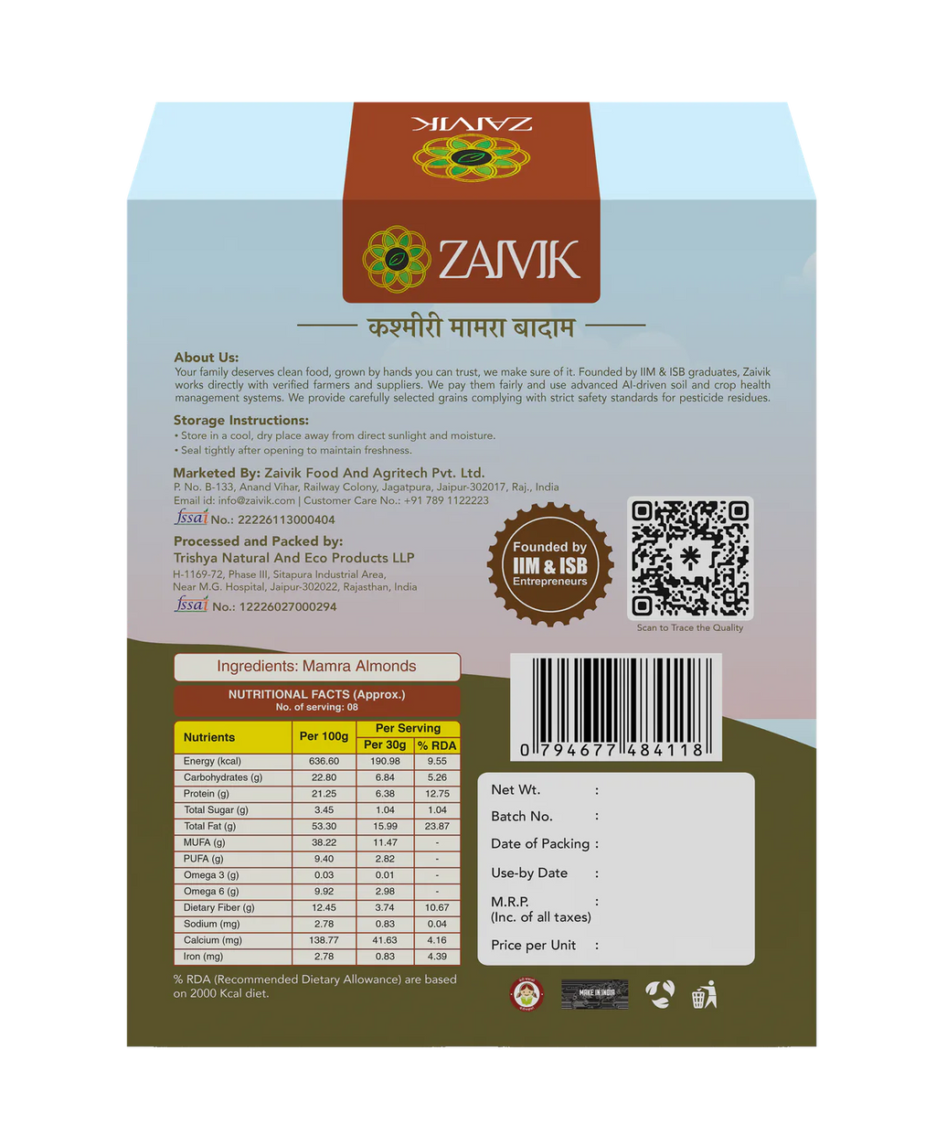 Zaivik Kashmiri Mamra Almonds 250 g back packaging