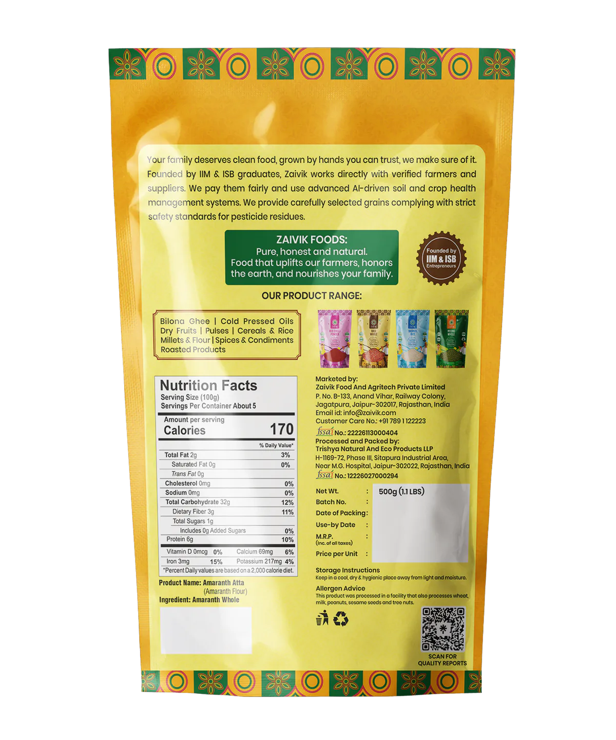 Zaivik Amaranth Flour 500 g back packaging