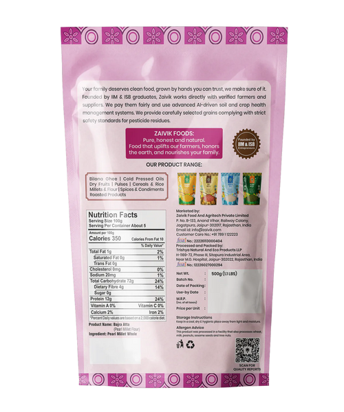 Zaivik Bajra Atta 500 g back packaging