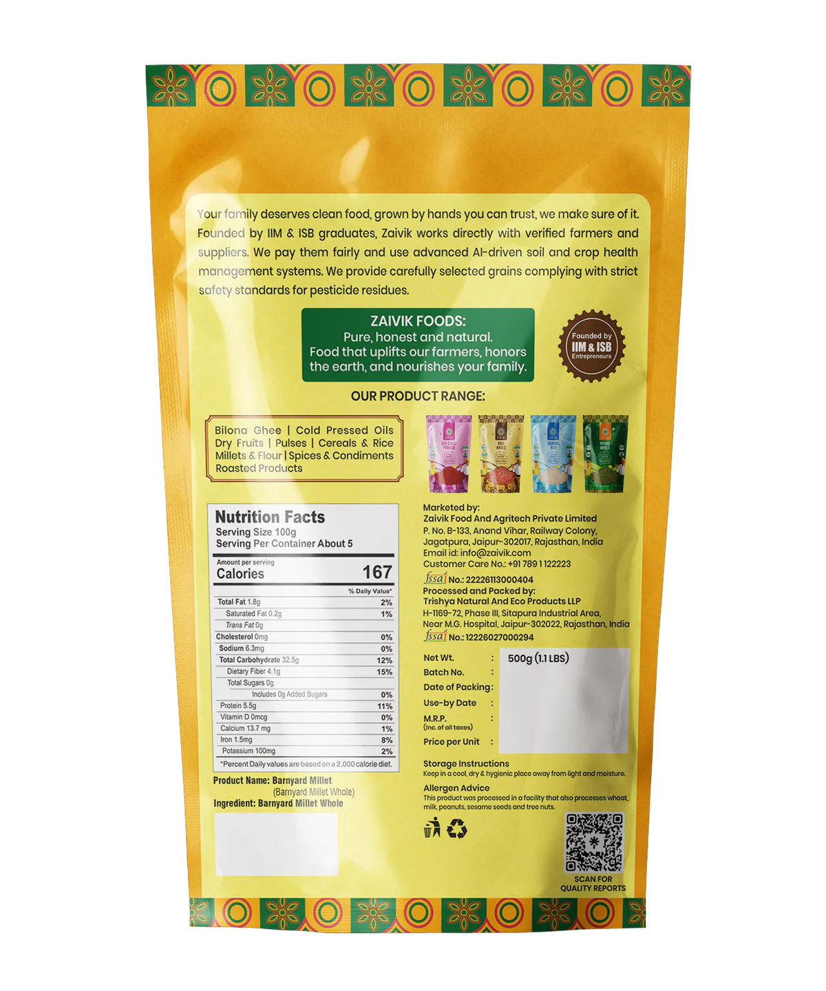 Zaivik Barnyard Millet 500 g back packaging