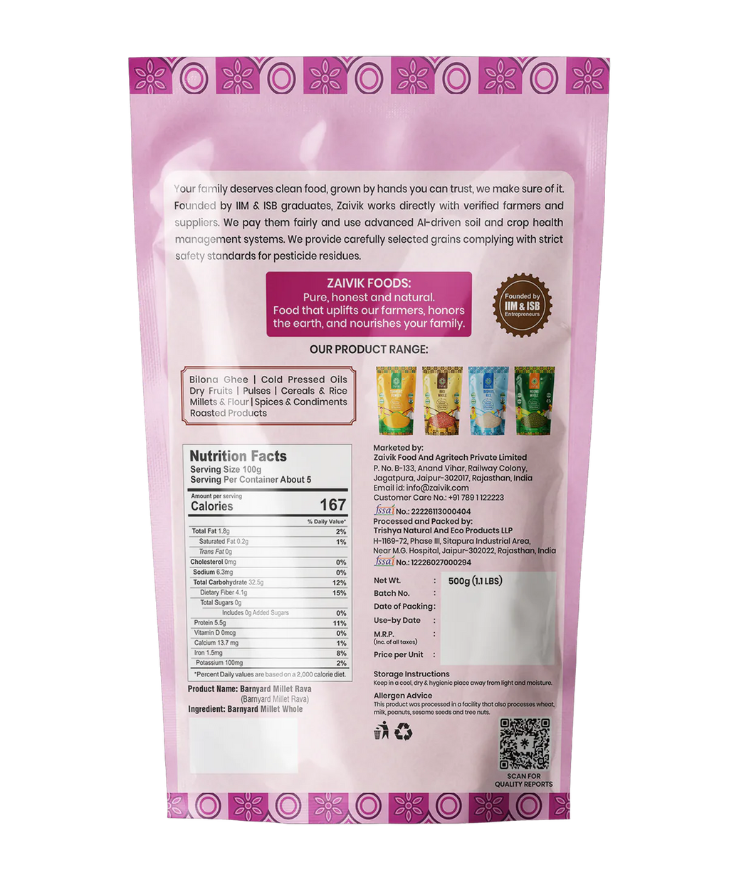Zaivik Barnyard Millet Rava 500 g back packaging