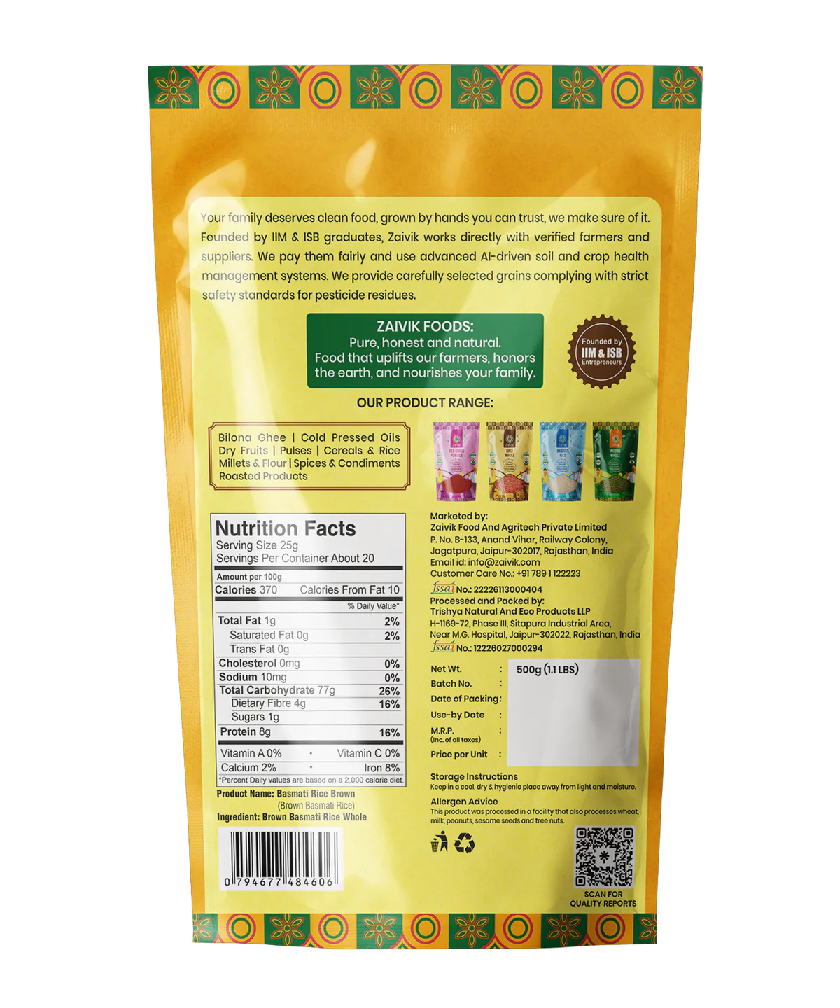 Zaivik Rice Basmati- Brown 500 g back packaging