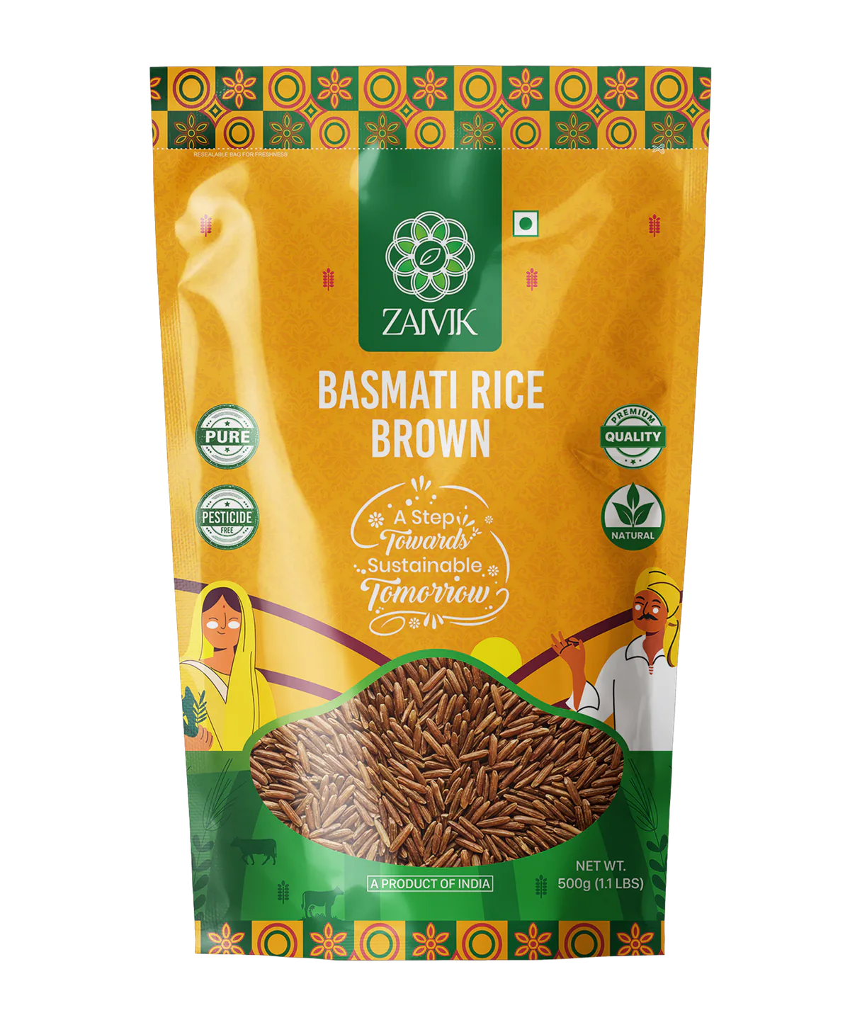 Zaivik Rice Basmati- Brown 500 g front packaging