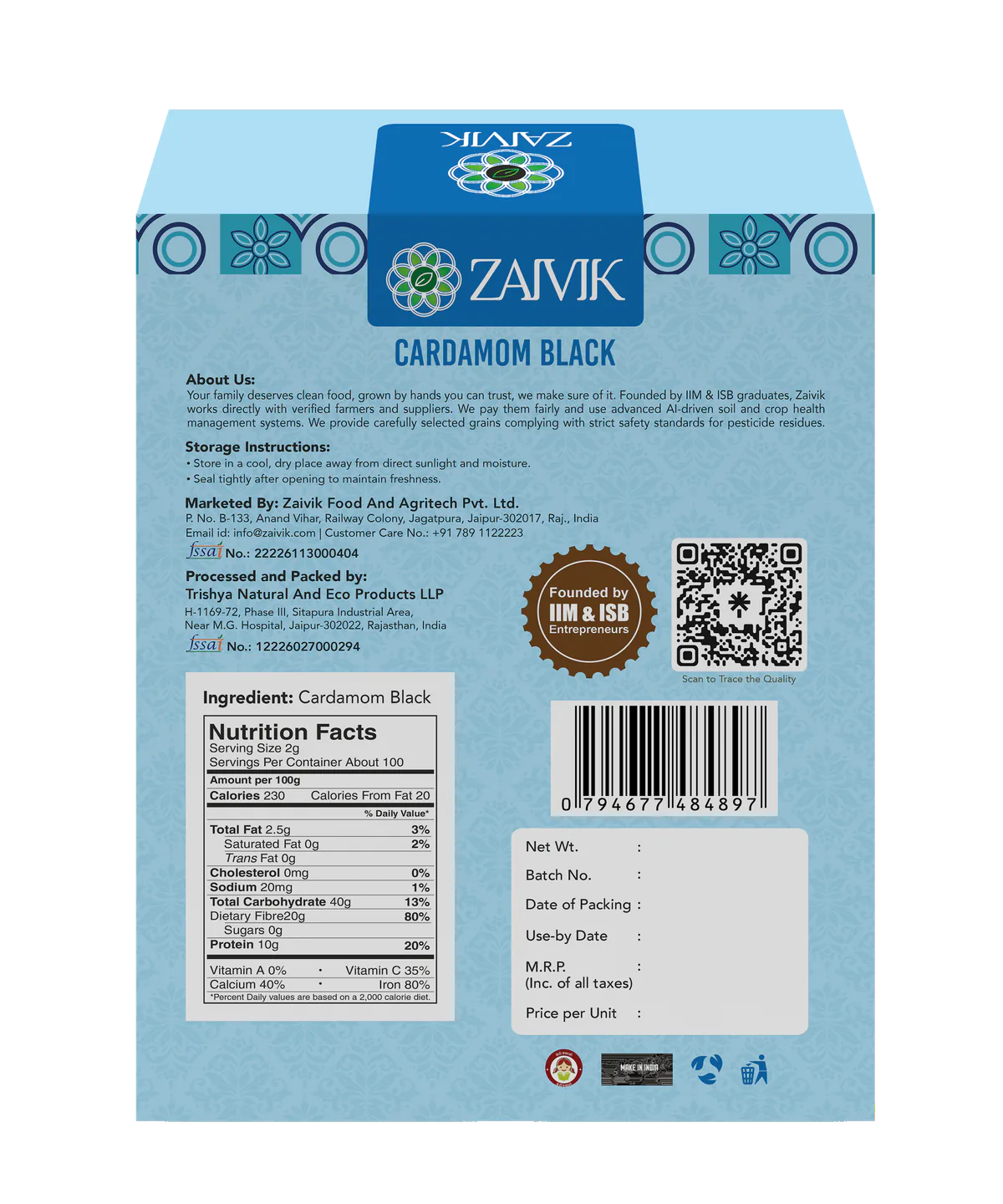 Zaivik Black Cardamom 100 g back packaging