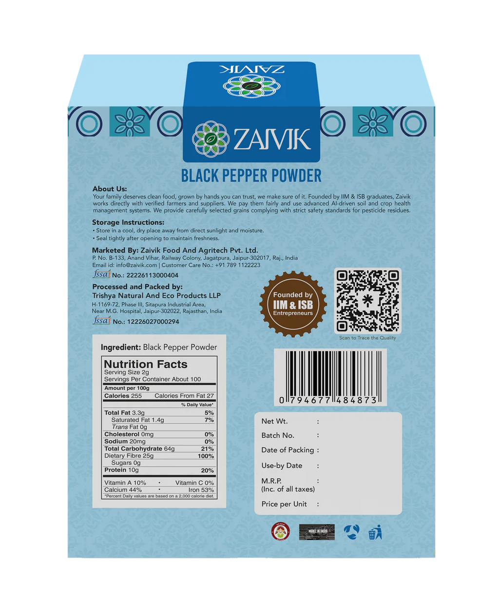 Zaivik Black Pepper Powder 200 g back packaging