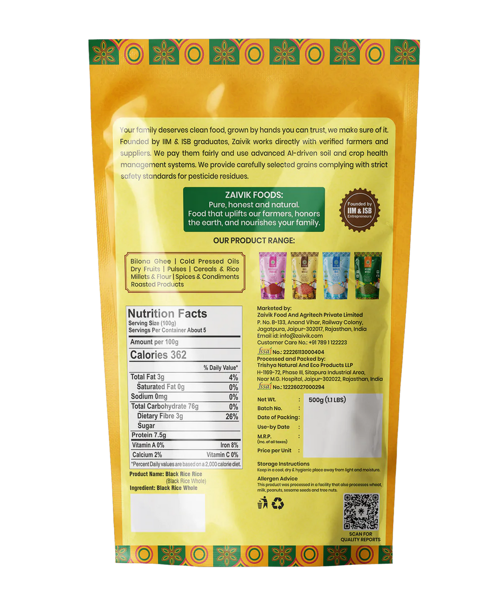 Zaivik Black Rice 500 g back packaging