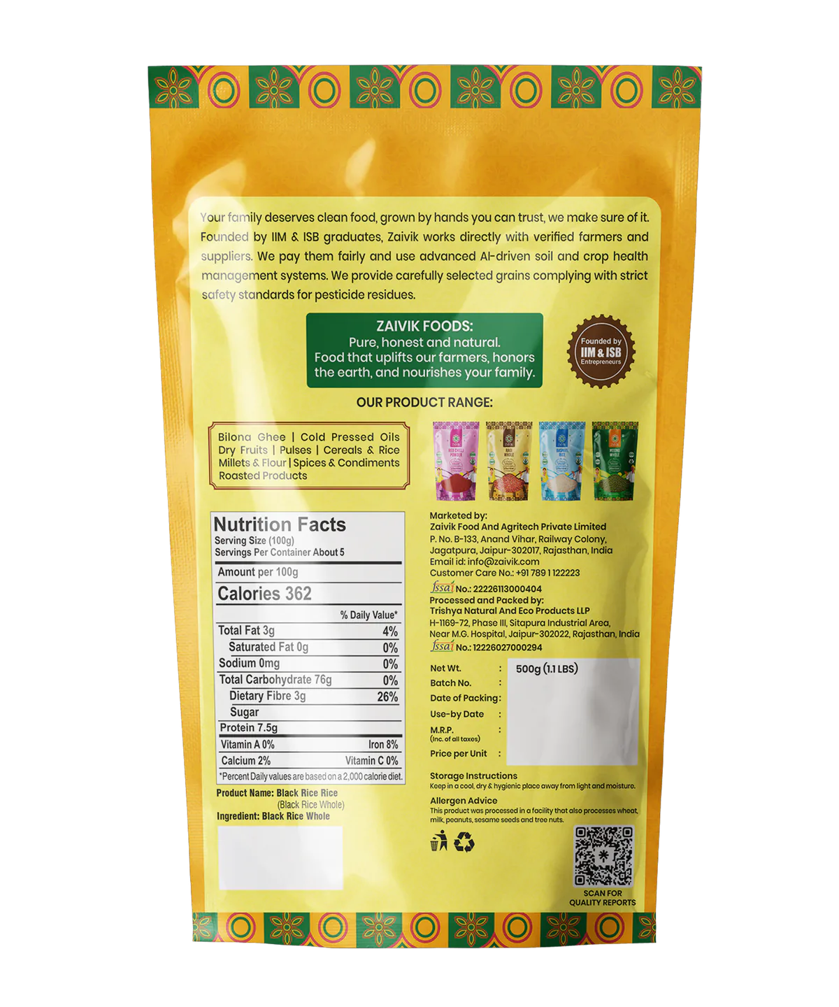 Zaivik Black Rice 500 g back packaging