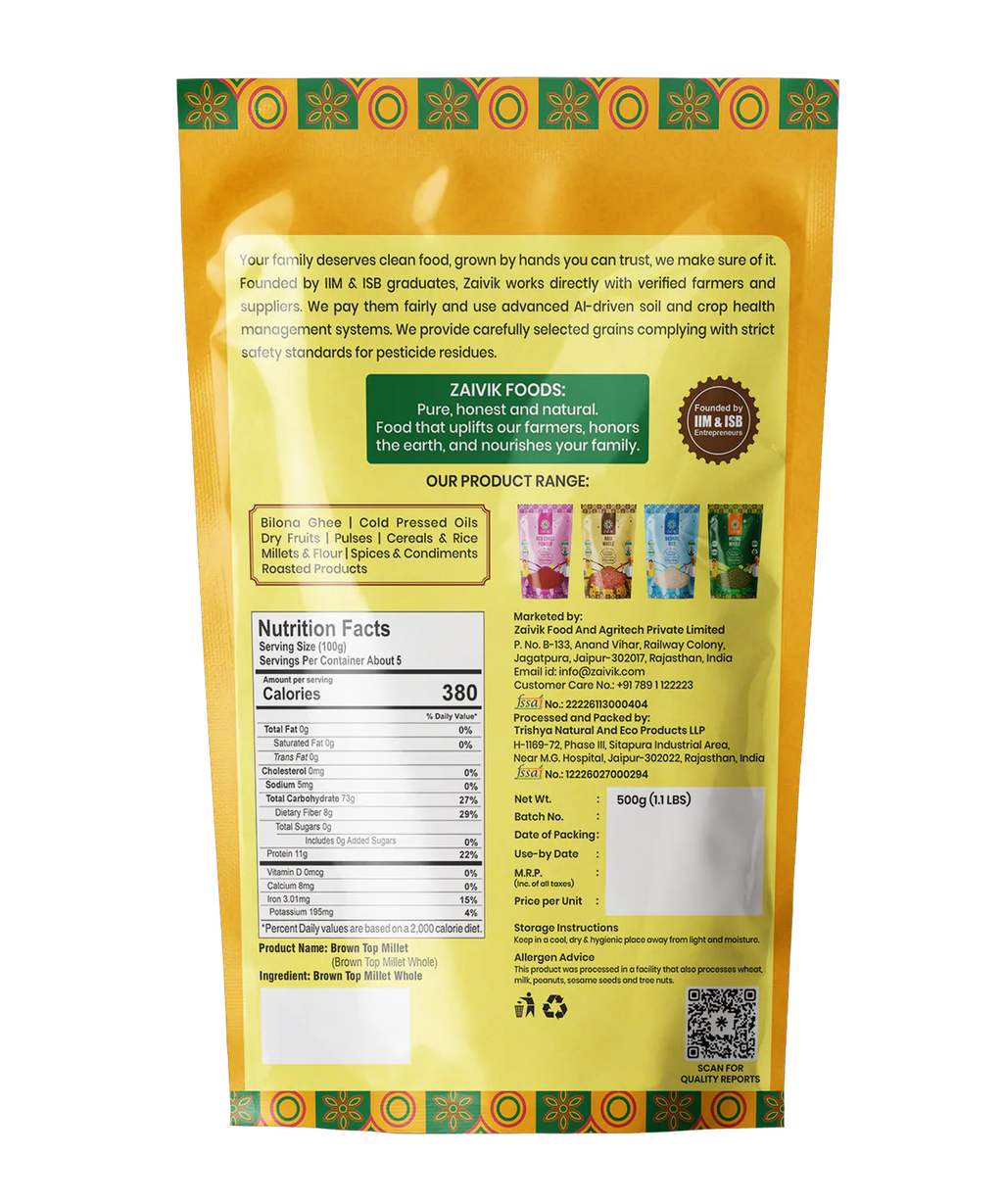Zaivik Brown Top Millet 500 g back packaging