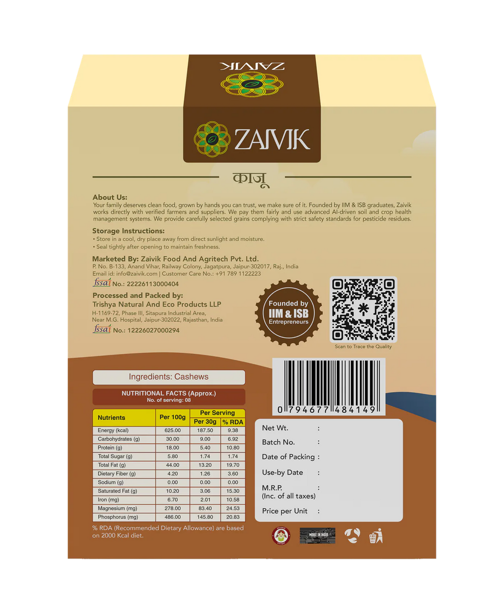 Zaivik Cashew 250 g back packaging