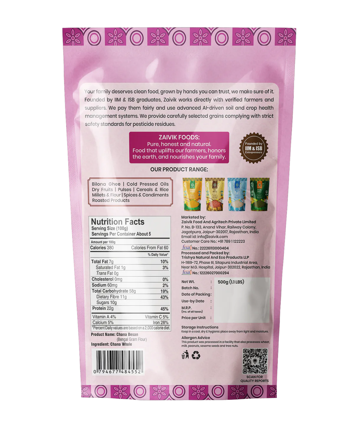 Zaivik Chana Besan 500 g back packaging