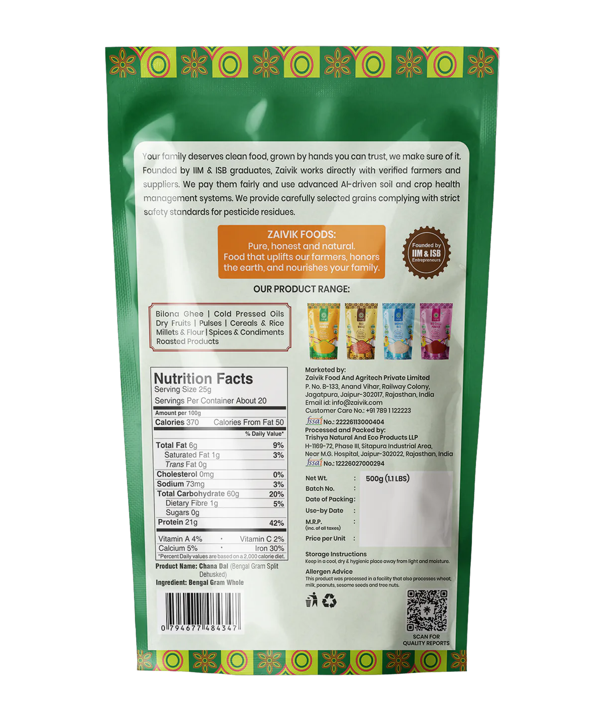 Zaivik Chana Dal 500 g back packaging