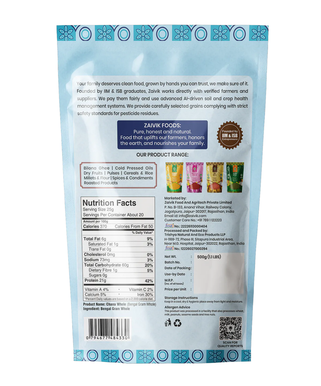 Zaivik Chana Whole 500 g back packaging