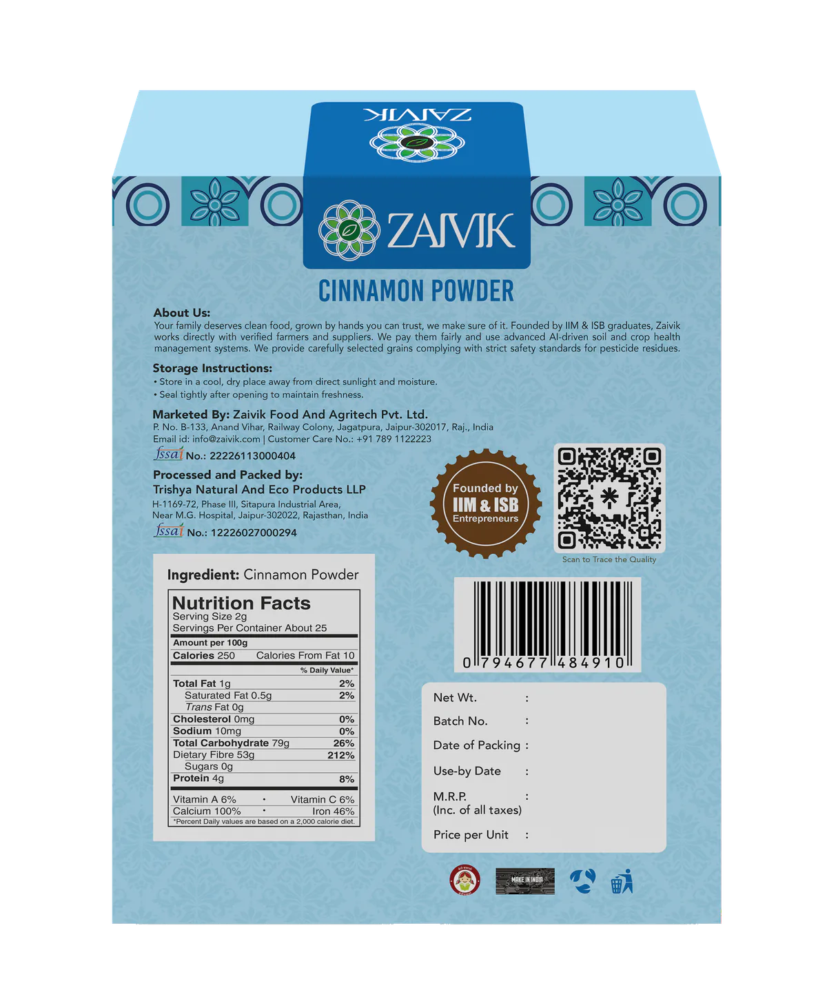 Zaivik Cinnamon Powder 200 g back packaging