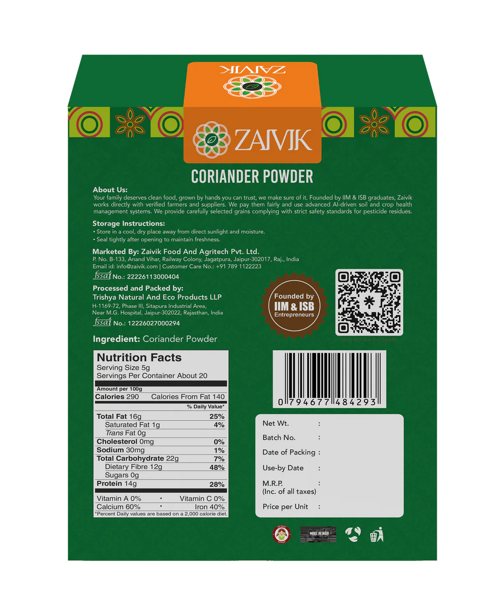Zaivik Coriander Powder 200 g back packaging