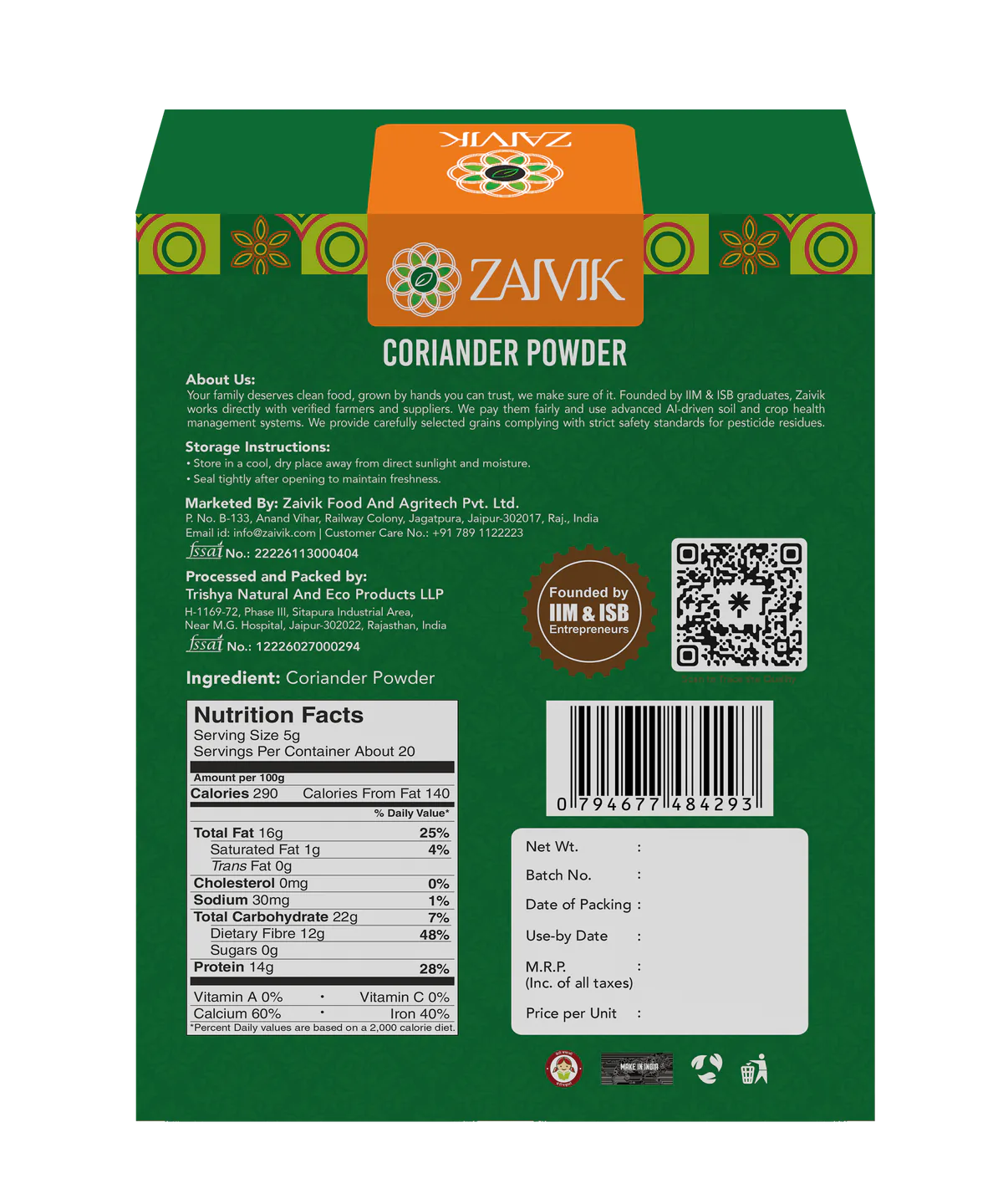 Zaivik Coriander Powder 200 g back packaging