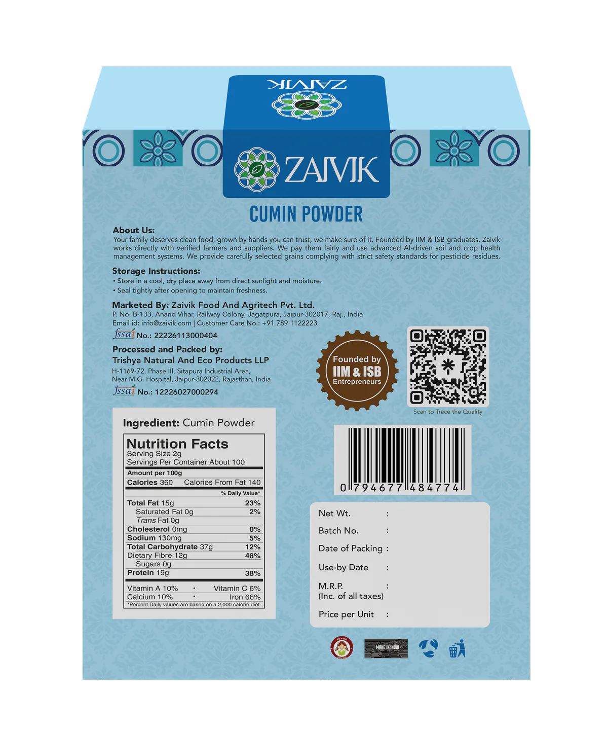 Zaivik Cumin Powder 200 g back packaging