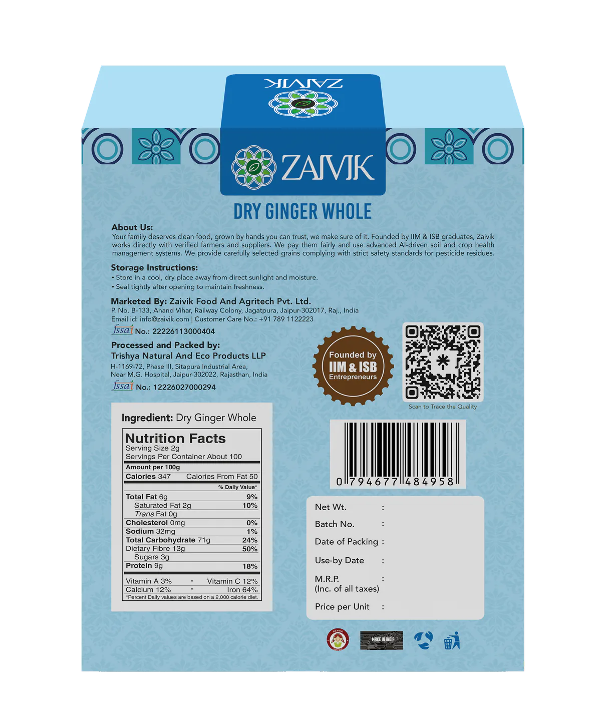 Zaivik Dry Ginger Whole 200 g back packaging