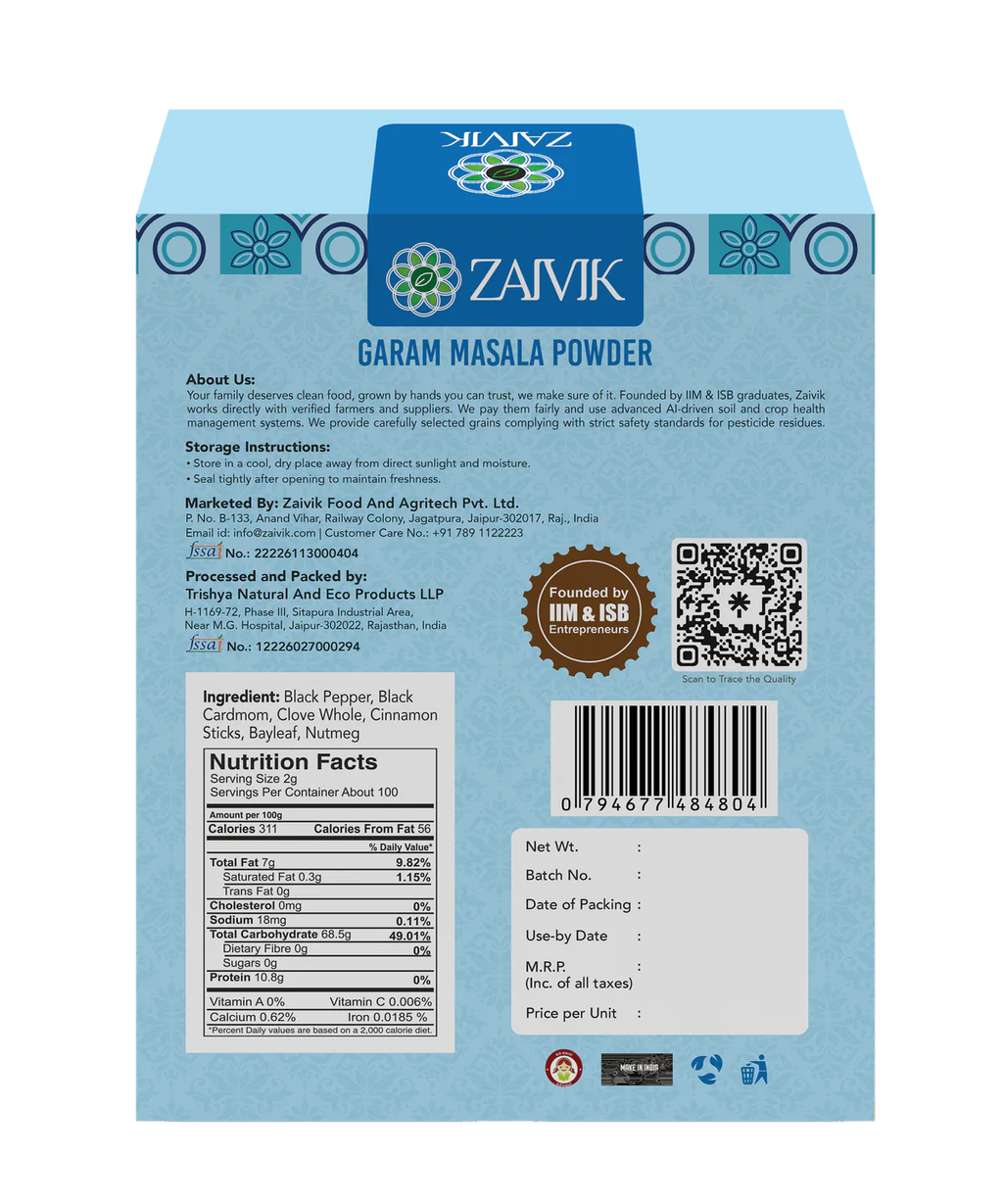 Zaivik Garam Masala Powder 200 g back packaging