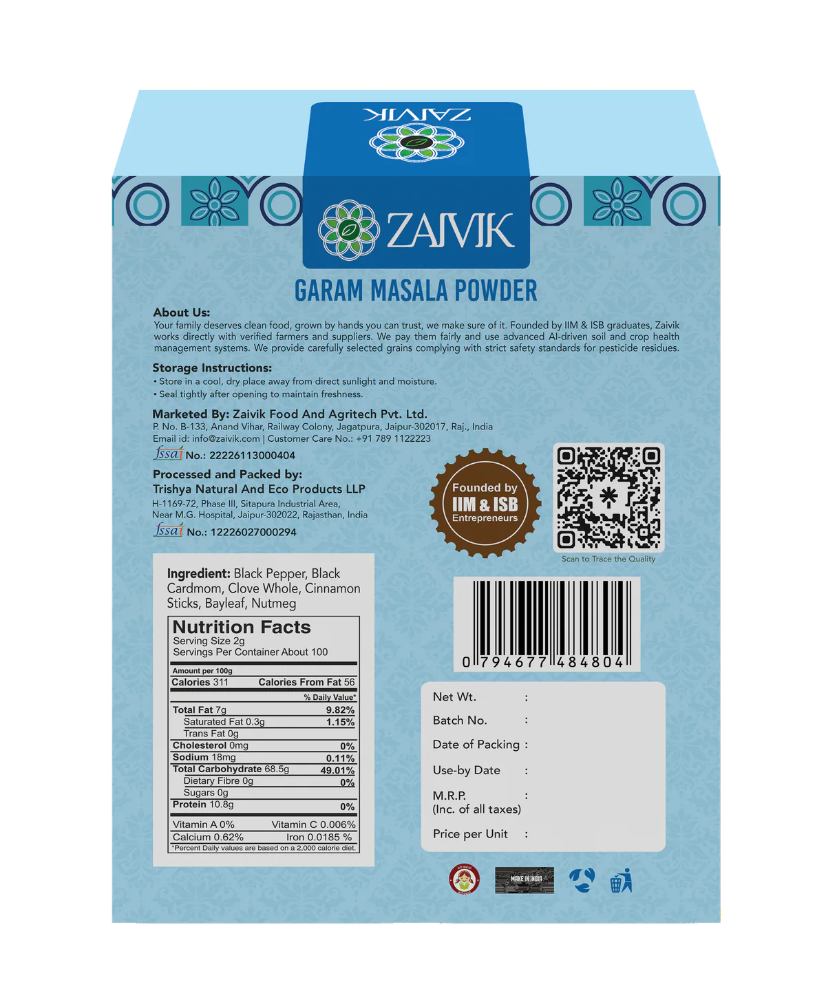 Zaivik Garam Masala Powder 200 g back packaging