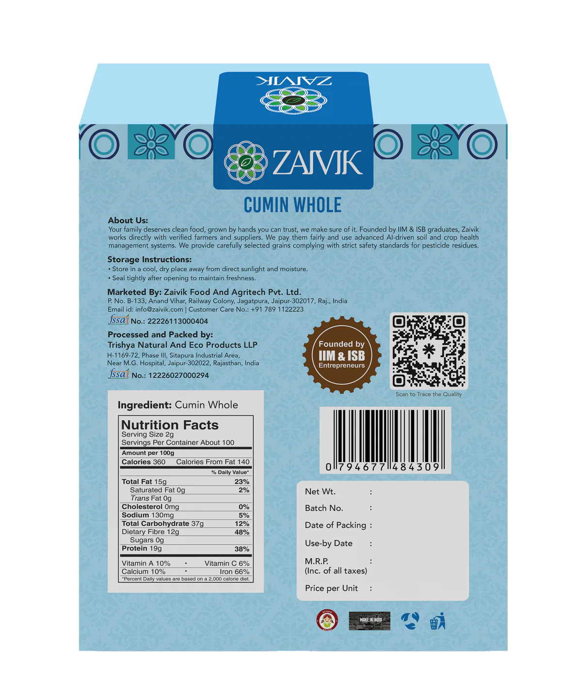 Zaivik Jeera Whole 200 g back packaging