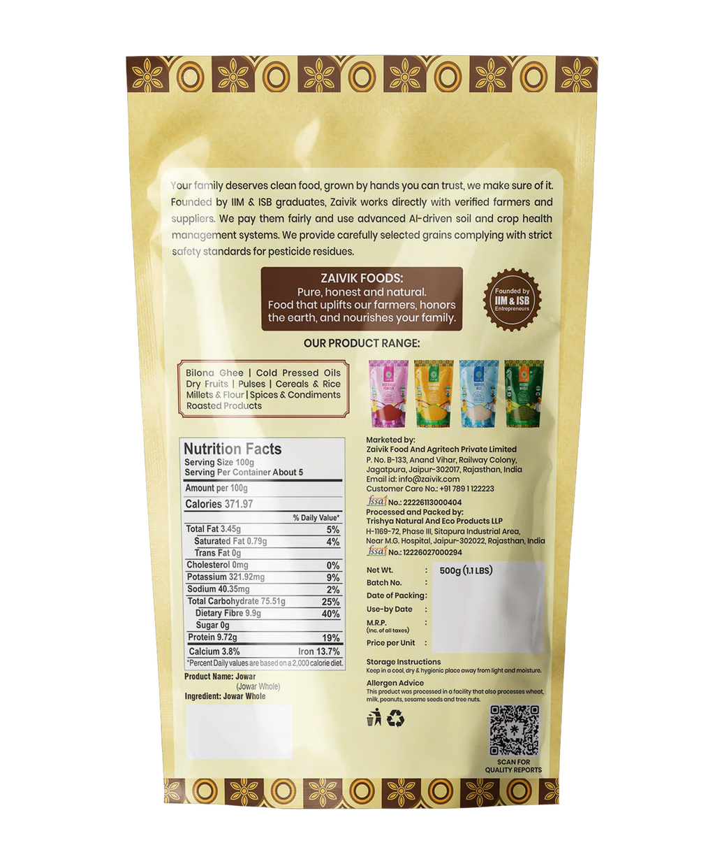 Zaivik Jowar Whole 500 g back packaging