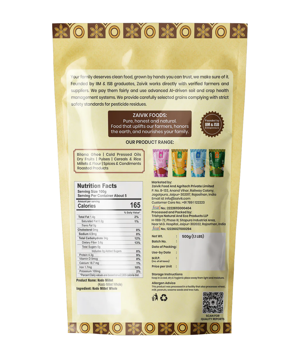 Zaivik Kodo Millet 500 g back packaging