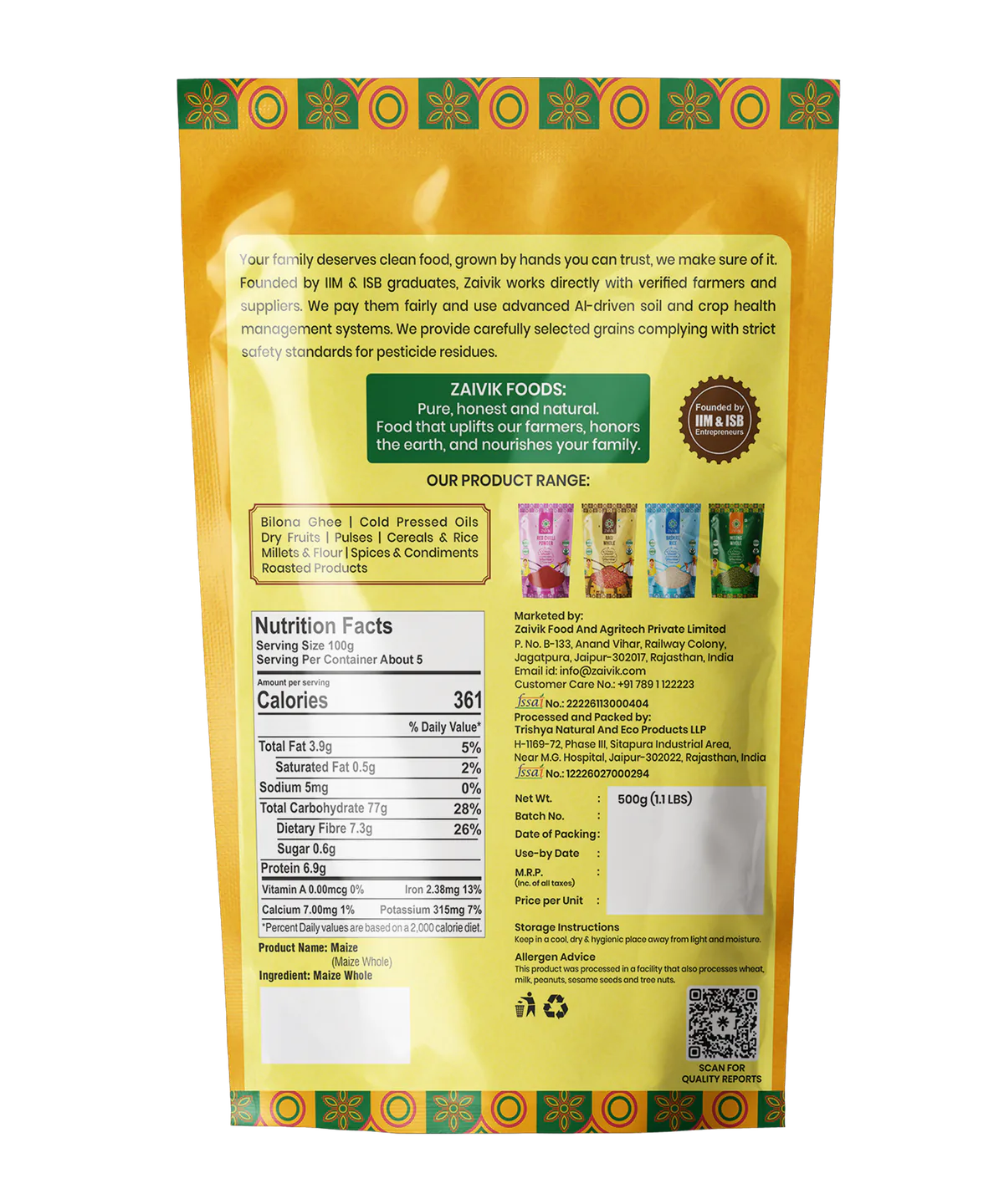 Zaivik Maize Whole 500 g back packaging