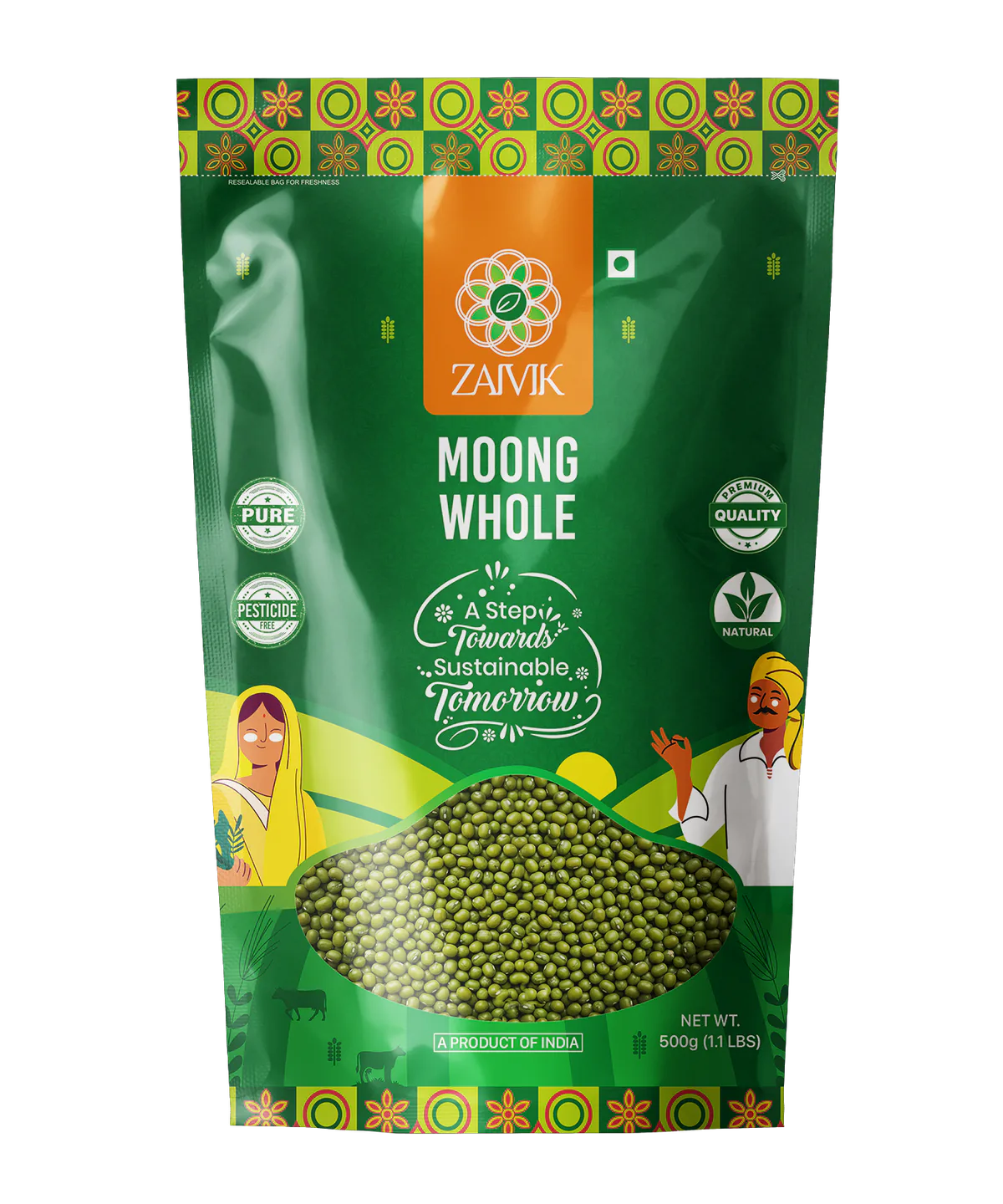 Zaivik Moong Whole 500 g front packaging