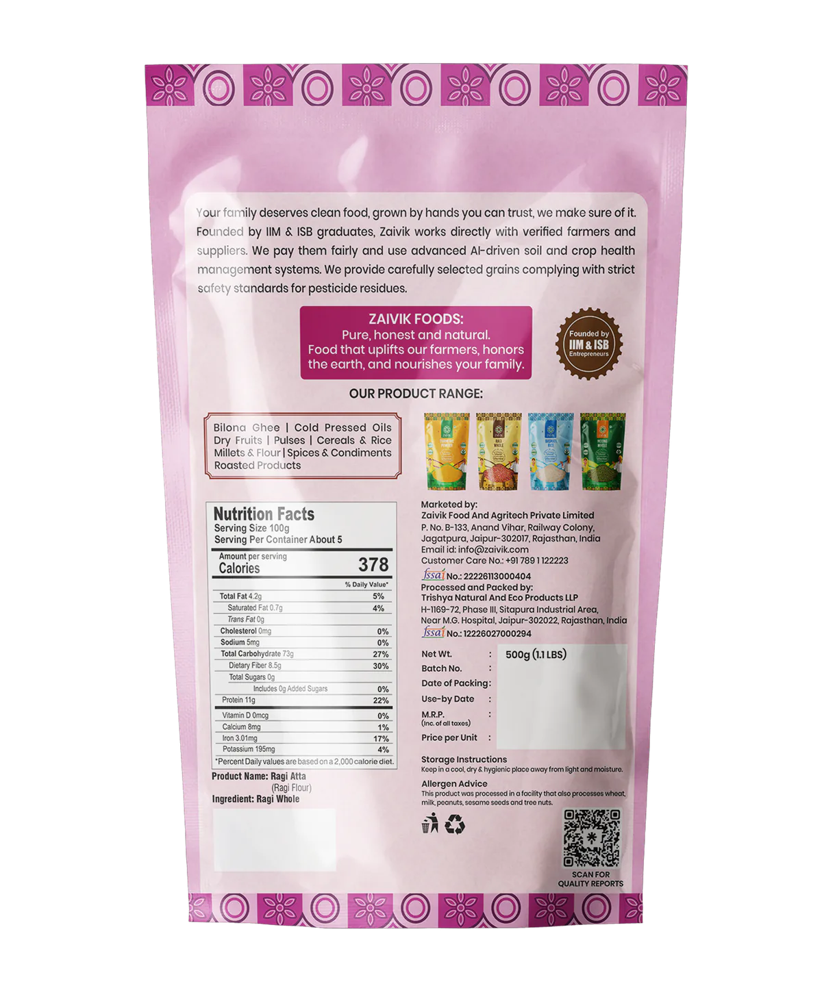 Zaivik Ragi Atta 500 g back packaging